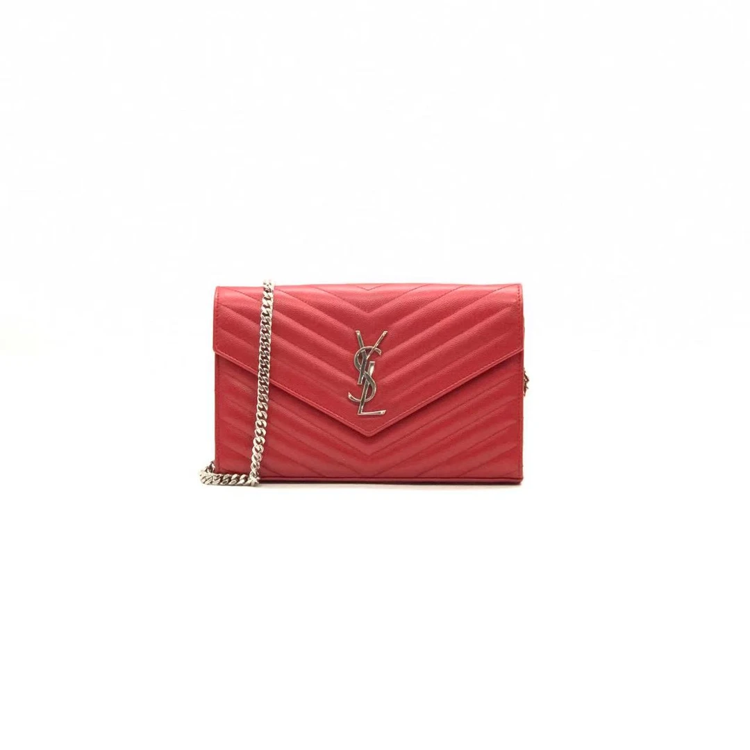 99新 YSL/圣罗兰 红银鱼子酱中号信封链条包