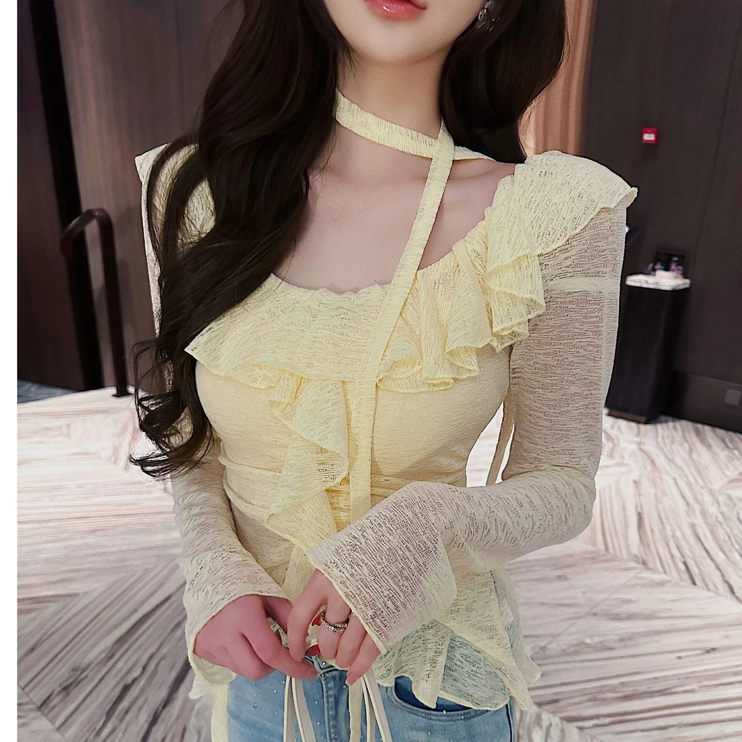 【花荷月下】纯欲修身挂脖荷叶边长袖上衣XS40755