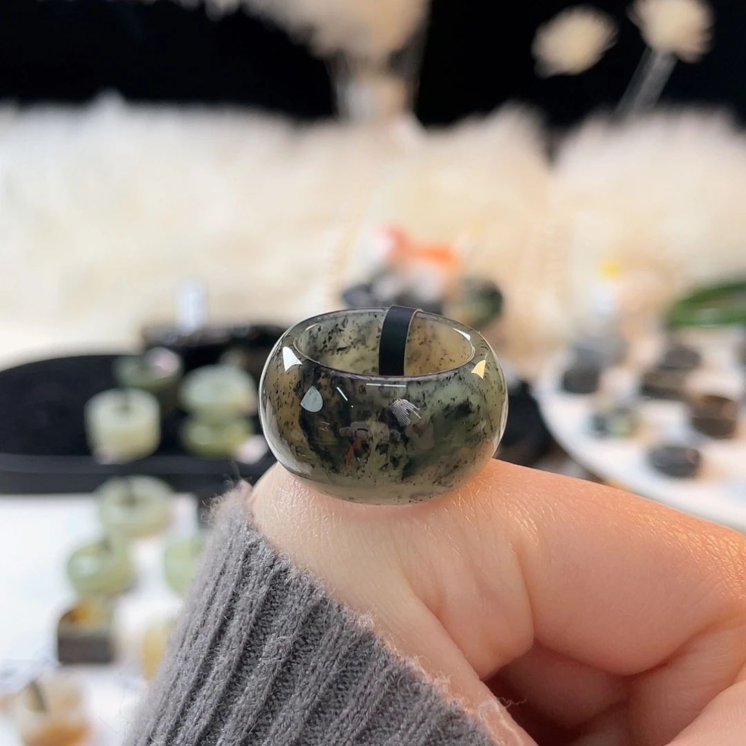 和田玉未镶嵌戒指k80 绿青花墩墩17.5mm