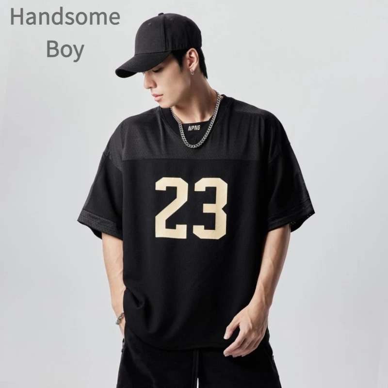 重磅男装美式运动短袖速干T恤男秋季宽松网眼篮球健身训练衣服字