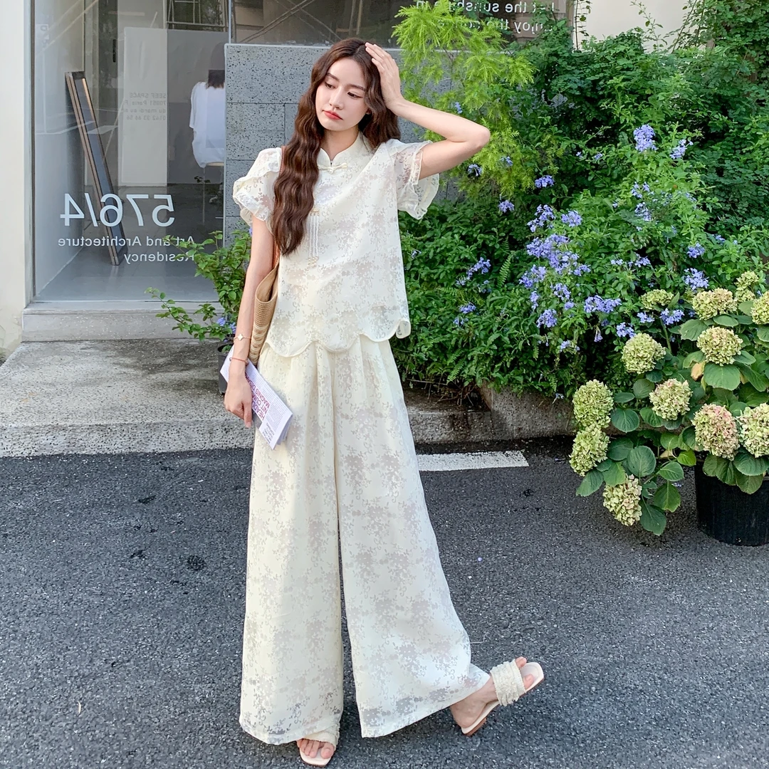 新中式国风套装2025夏季爆款立领提花盘扣花边袖上衣阔腿裤两件套