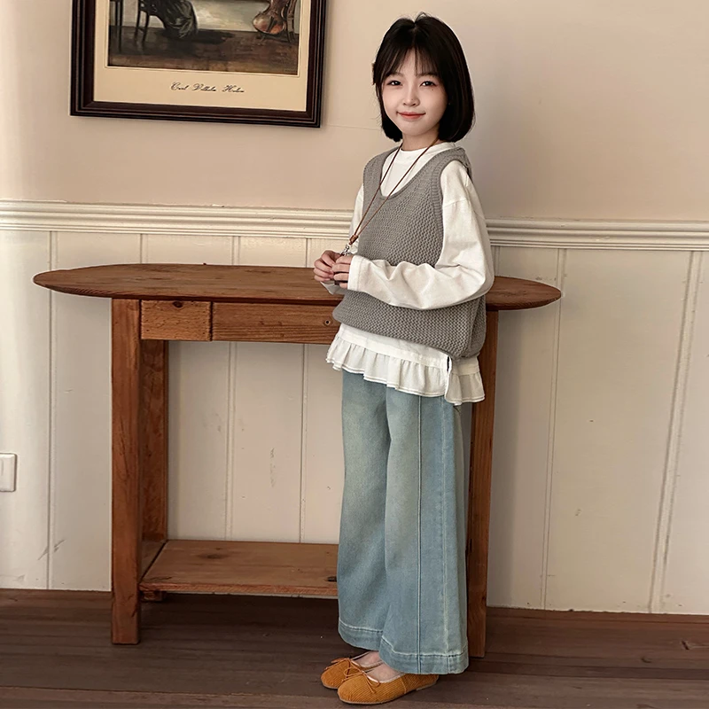 女童套装春秋款毛衣马甲两件套中大童2025新款衬衫背心韩版三件套