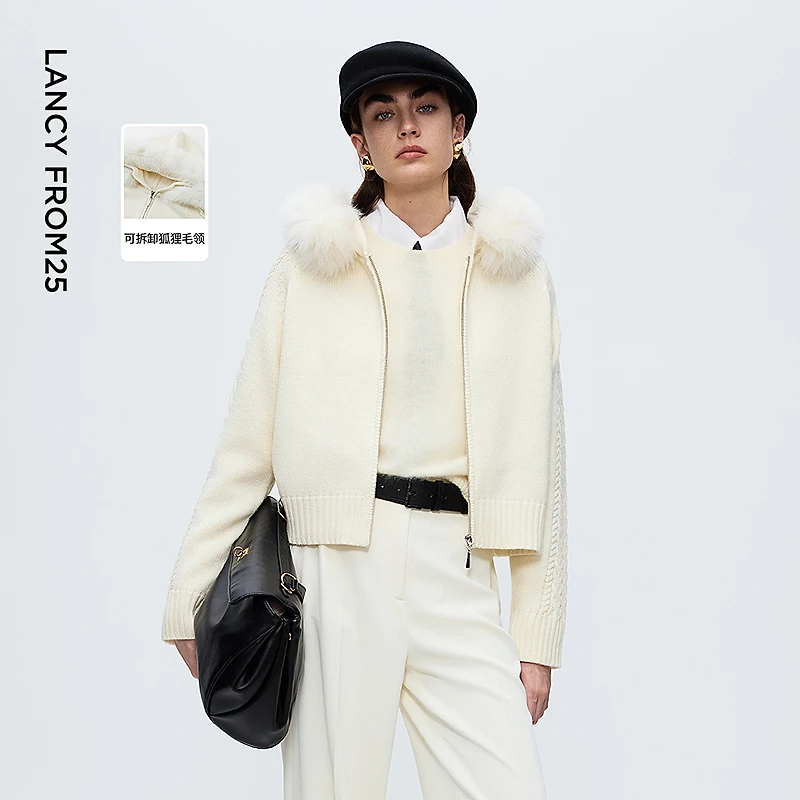 朗姿狐狸毛领修身针织开衫气质显瘦毛衣外套2025冬季新款女