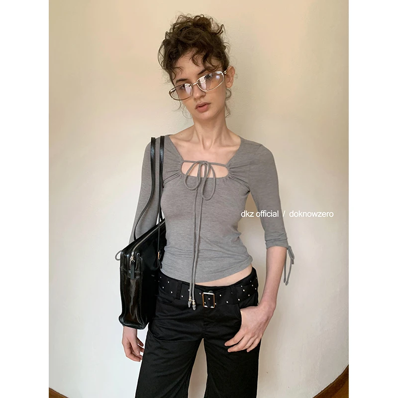 DKZ 领口绑结中袖上衣修身显瘦小众设计感正肩短袖T恤