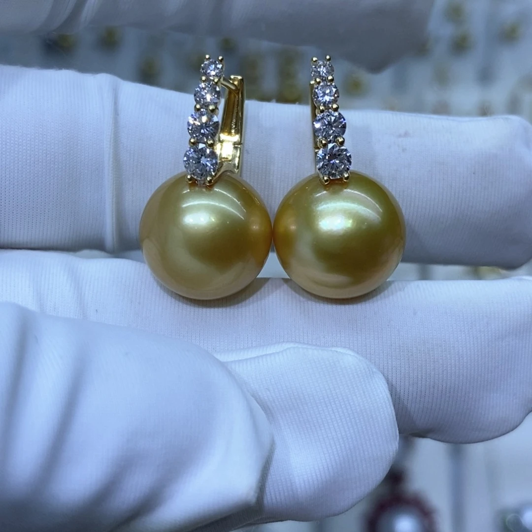 海水珍珠耳饰18K金镶嵌金珠12-13mm