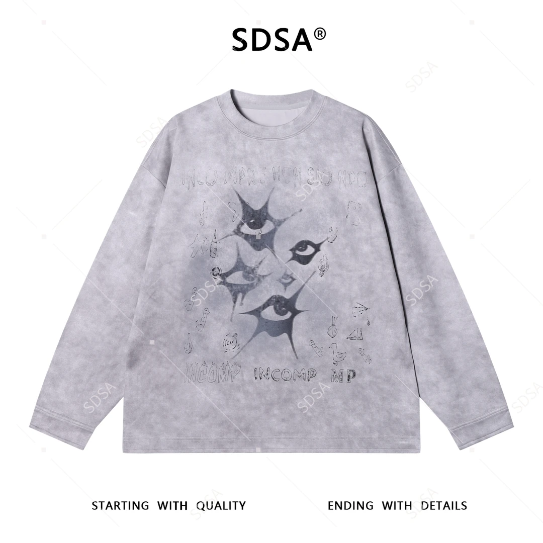 SDSA男士秋冬新款轻奢痞帅男装抽象字母印花圆领长袖T恤宽松高街