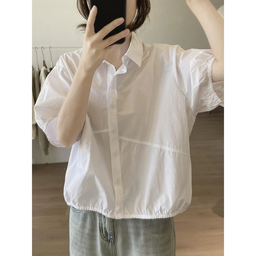 衬衫女夏季新款宽松显瘦短袖减龄韩版简约小众设计感开衫上衣设计