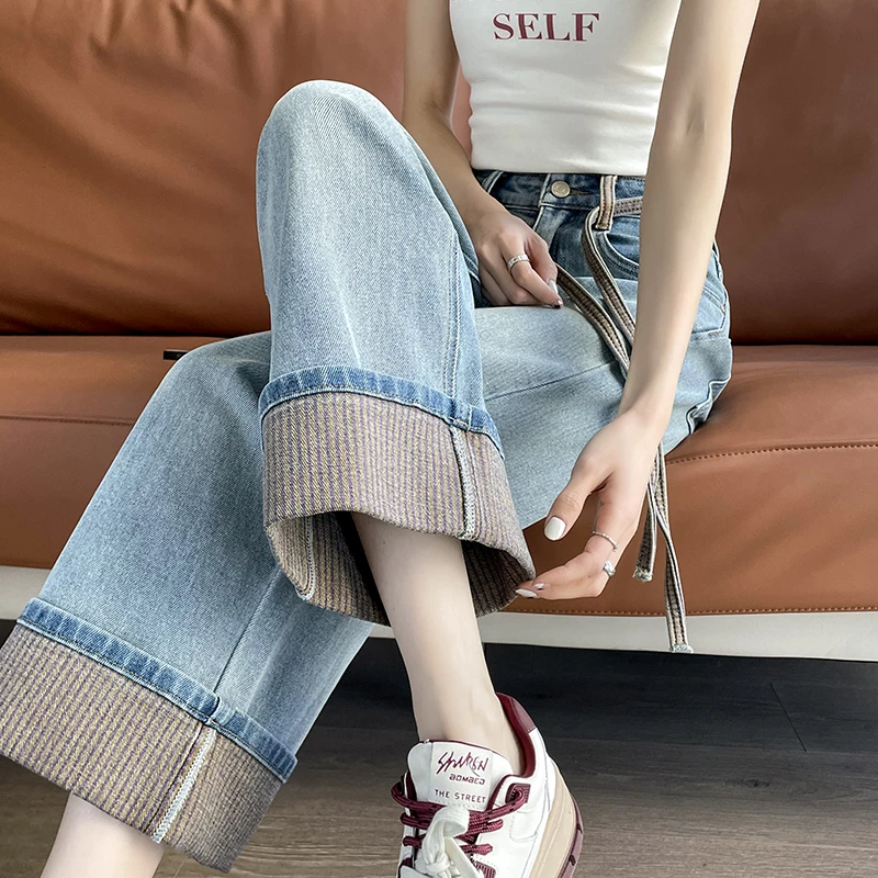 高腰阔腿牛仔裤女小个子2025新款春秋窄版显瘦宽松卷边九分直筒裤