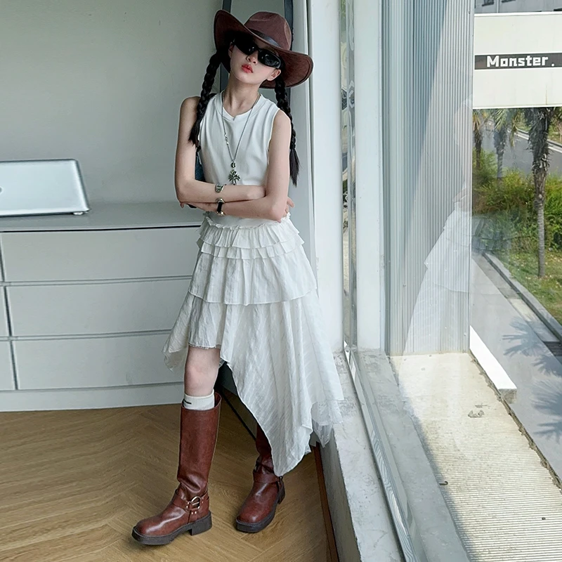 【嘻嘻柚】女童夏季不规则蕾丝法式背心连衣裙收腰甜美公主蛋糕裙潮