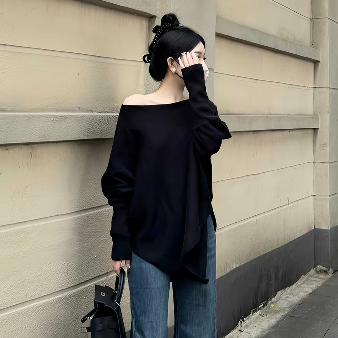 300斤大码女装黑色一字领蝙蝠袖针织衫女胖mm洋气遮肉宽松上衣潮