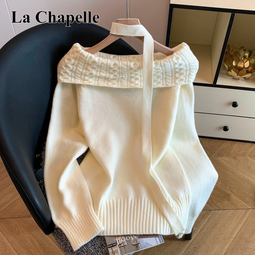 拉夏贝尔纯欲风一字肩毛衣女2025秋冬新款高级感慵懒风针织衫上衣