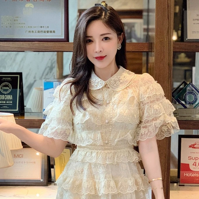 现货24小时内发-蛋糕刺绣宫廷2023新款春夏轻奢气质连衣裙女
