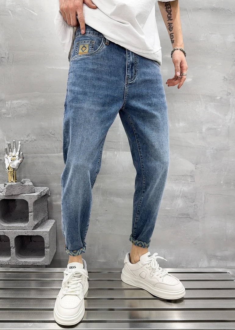 春夏不对称四季通用英伦风弹力牛仔裤薄款水洗休闲裤子直筒时尚