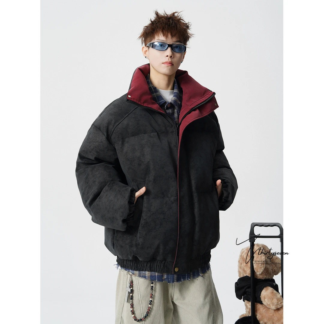 V37美式vintage雾面扎染加厚皮棉衣男冬高级痞帅防风情侣棉服外套