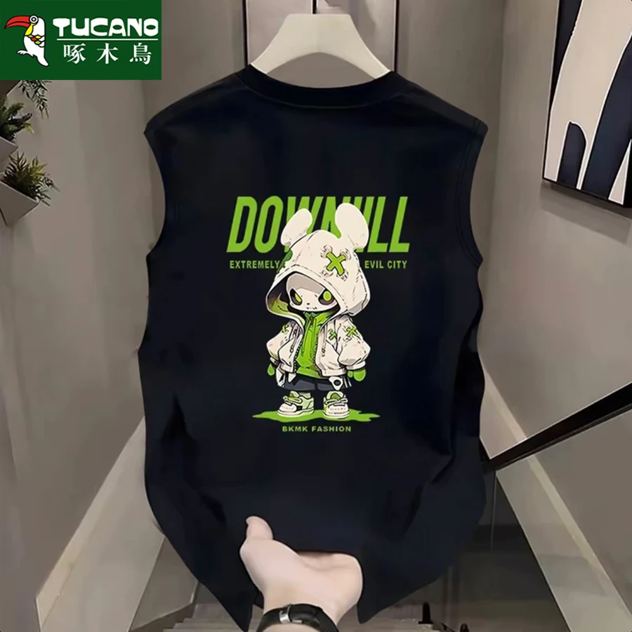 啄木鸟夏季新运动背心男士潮牌纯棉百搭T恤上衣圆领潮男无袖休闲