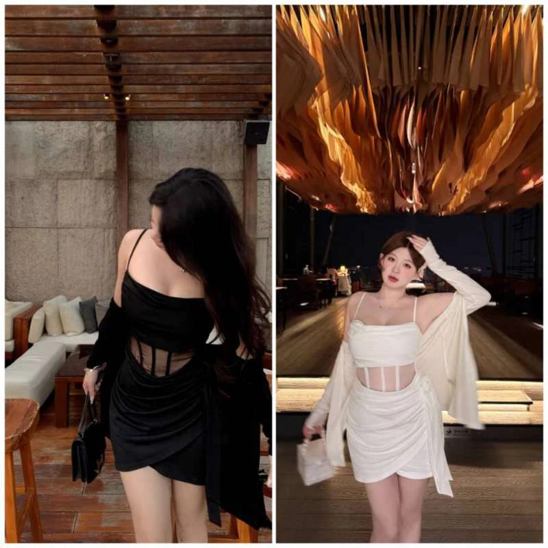 依依家大码女装3633夏季纯欲半透收腰修身连衣裙显瘦性感女人味