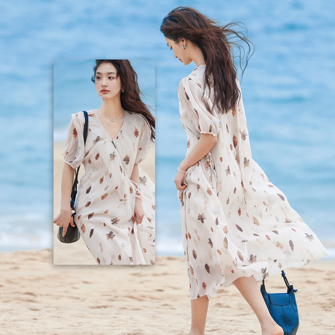 dme德·玛纳新中式连衣裙夏款交叉V领树叶印花个性长裙