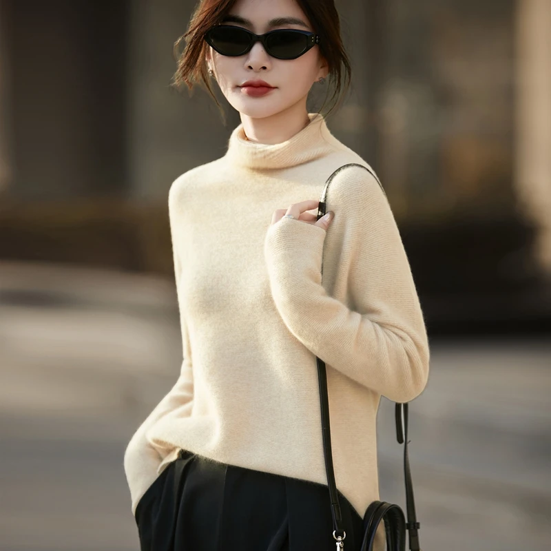 品牌秋冬新款超细羊毛一线反正针堆领下摆开叉套衫亲肤保暖毛衣