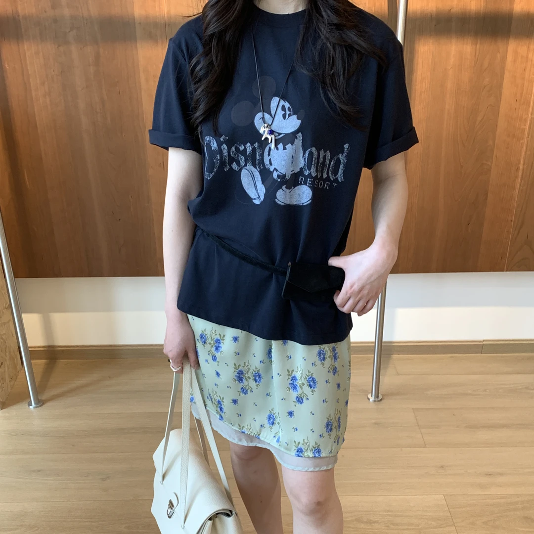 THESEDAY/美式蓝色复古米奇T恤女装/小清新绿花半裙(NoNo换)
