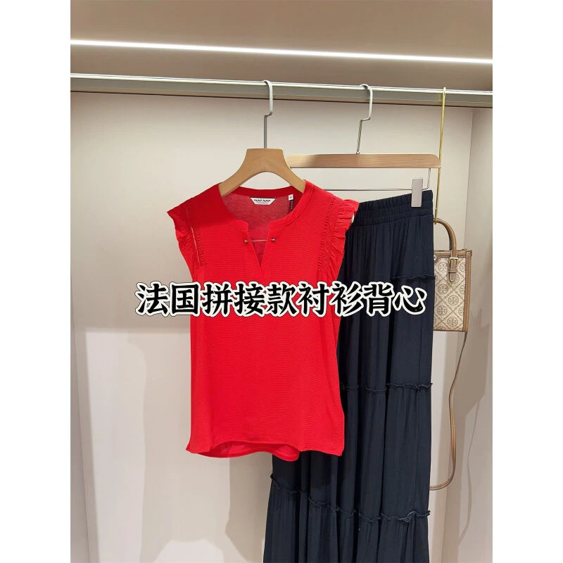 法国单 29欧 荷叶边袖口半开领别针衬衫背心女