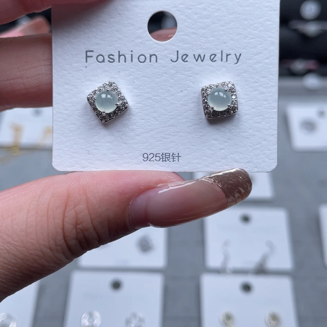 翡翠戒指银S925镶嵌耳钉