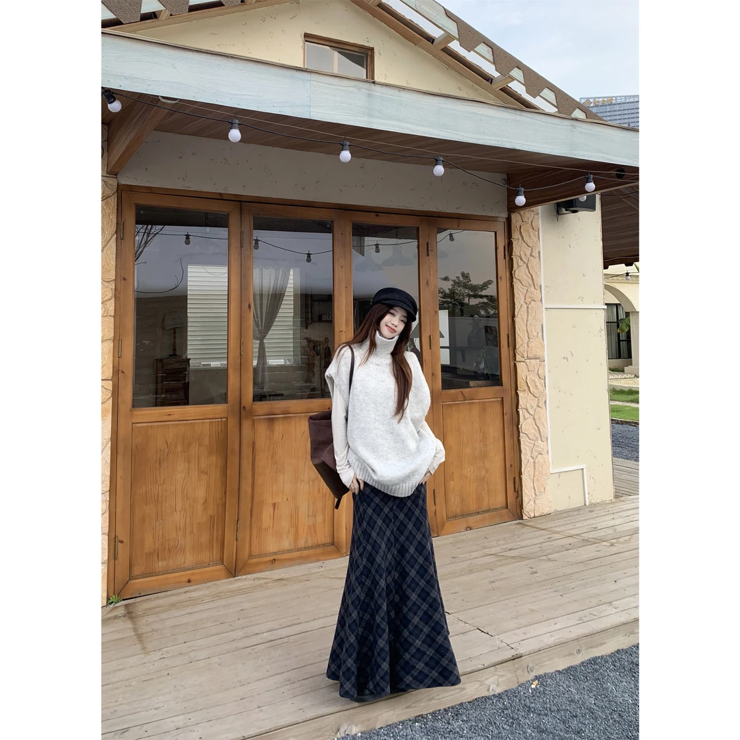 2025秋季新款韩系高领背心针织毛衣松弛感叠穿T恤半身裙女三件套