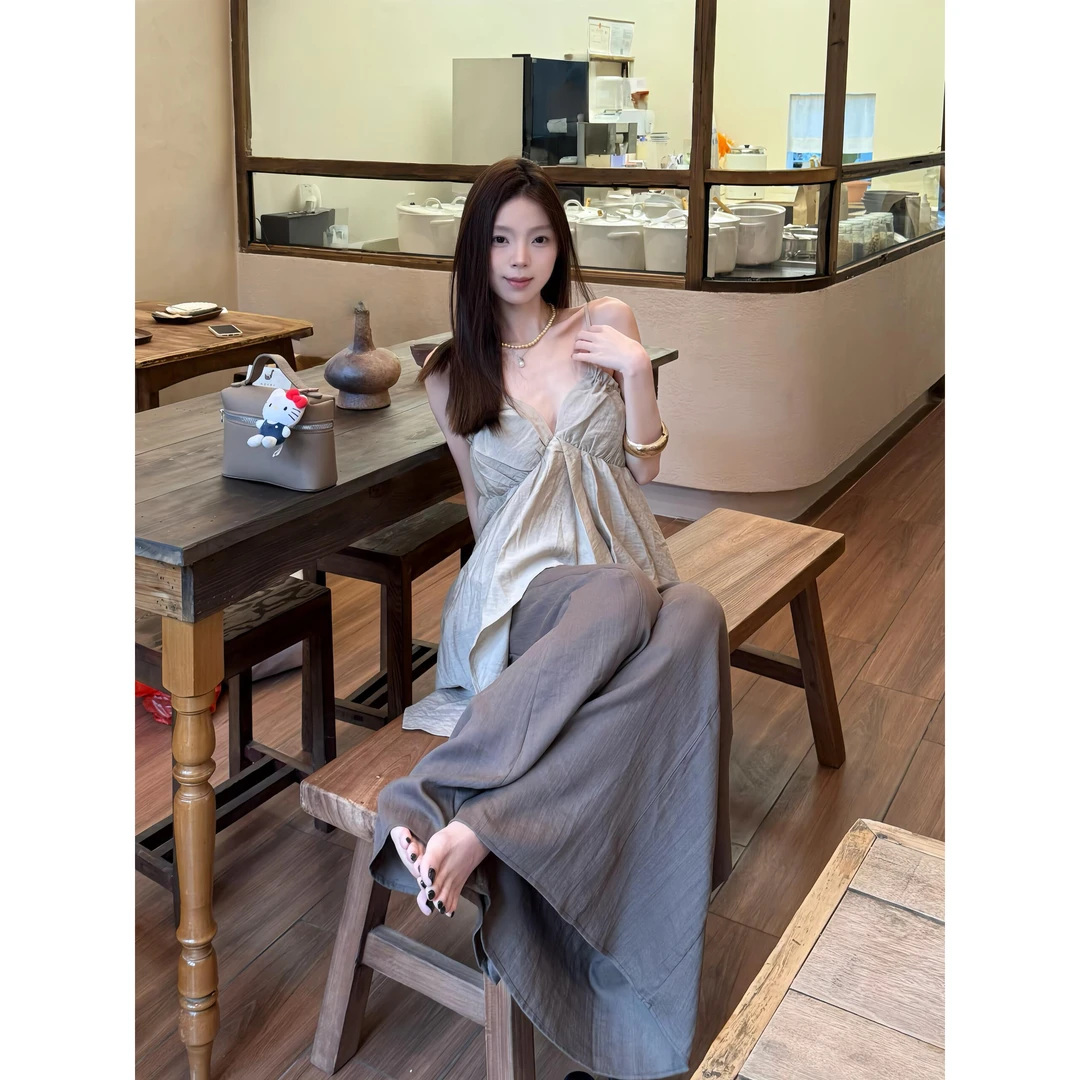 清冷系禅意衣服女吊带背心上衣夏季高级感高腰宽松休闲阔腿裤套装