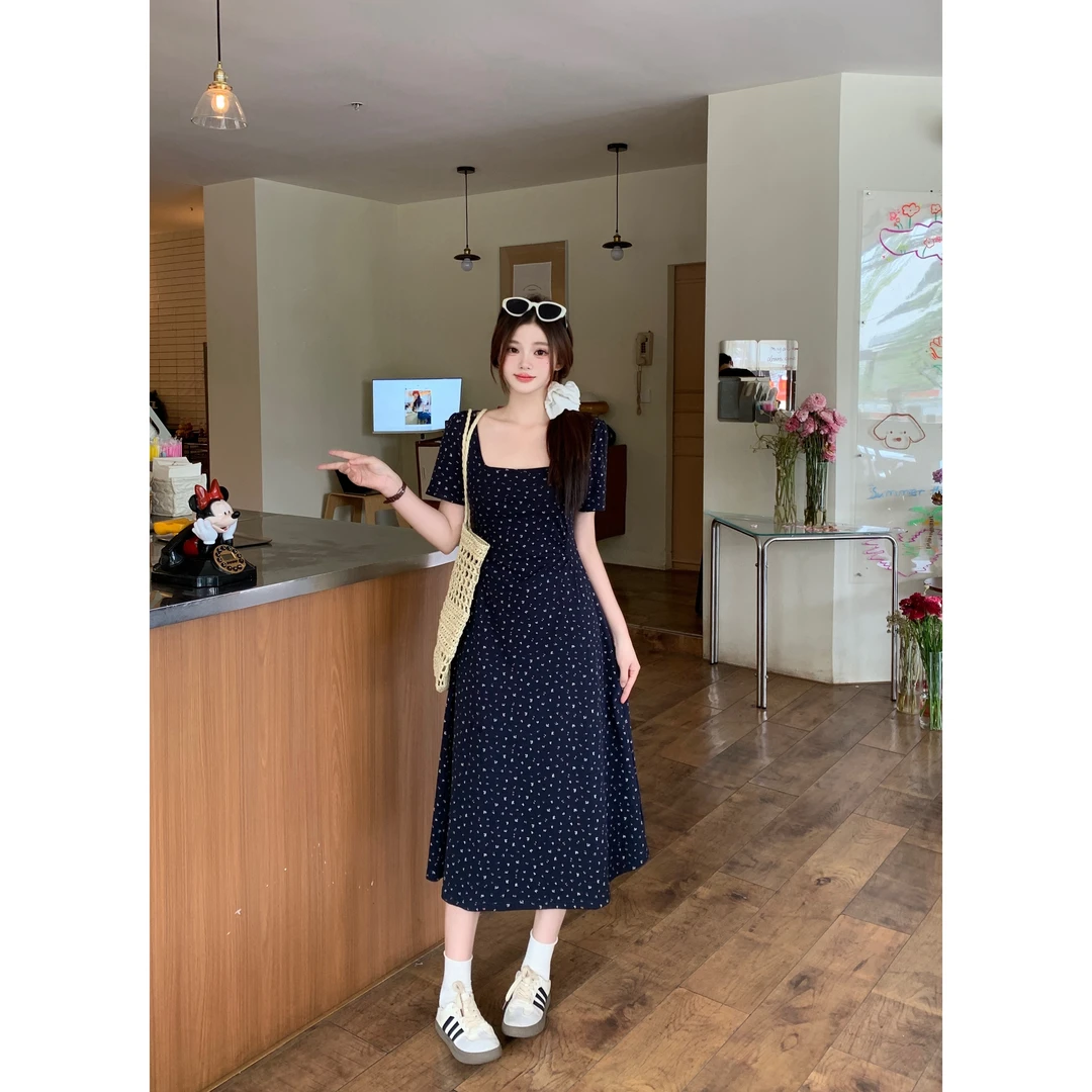 【木子定制】大码法式气质方领碎花连衣裙2025夏季修身长裙64265
