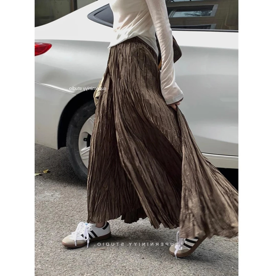 肌理感褶皱复古高腰咖色半身裙女早秋新款垂感气质a字百褶长裙子
