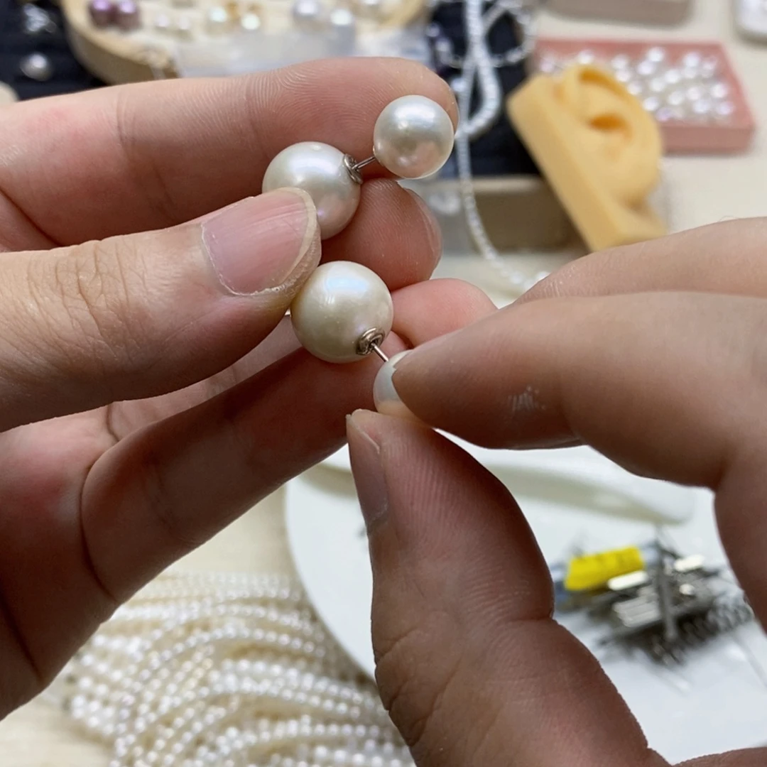 银S925镶嵌耳钉淡水珍珠双珠耳钉微瑕