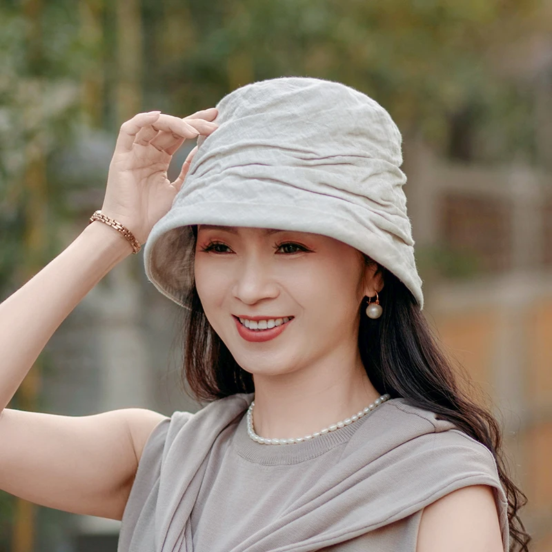 渔夫帽女夏季褶皱遮阳防晒帽子女士时尚轻薄透气亚麻水桶太阳帽夏