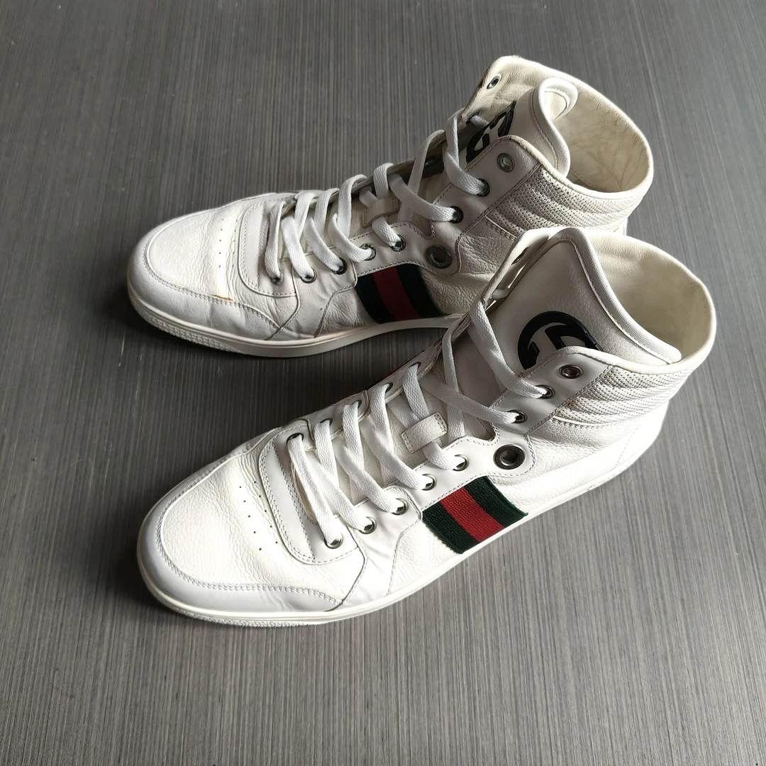 95新 GUCCI/古驰 44码/红绿系带百搭时尚双G大logo 高帮休闲板鞋