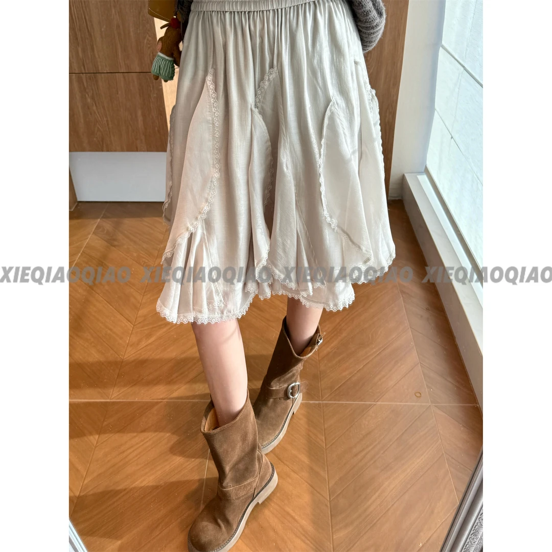 谢荞荞「摇曳旋律」莱赛尔天丝醋酸秋季松紧腰不规则蕾丝花边半身裙