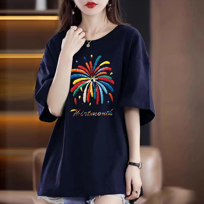 含棉藏青色短袖t恤女新款宽松藏蓝色中长款体恤百搭烟花印花上衣