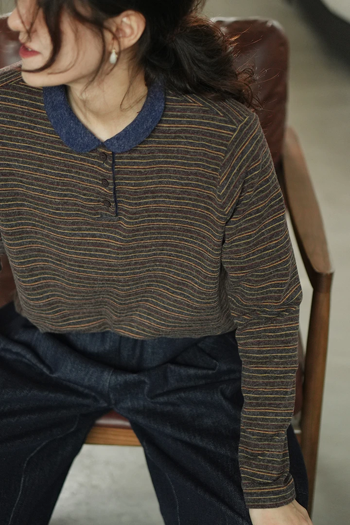 PJ25T514 复古文艺撞色翻领条纹T恤女秋冬显瘦简约正肩打底衫上衣
