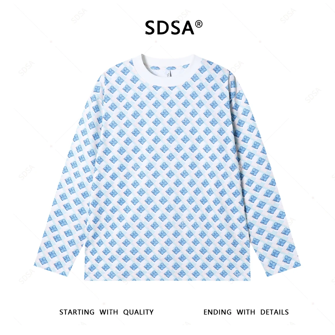 SDSA男士2025新款轻奢痞帅男装满印格子花朵圆领长袖T恤宽松百搭