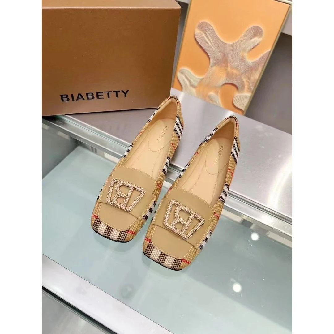 时尚英伦风格纹方头春夏季气质真皮单鞋软底平底羊皮内里鞋133055