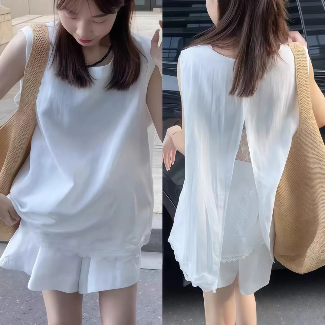 QL—夏季时尚无袖开叉上衣搭配短裤套装气质百搭显瘦
