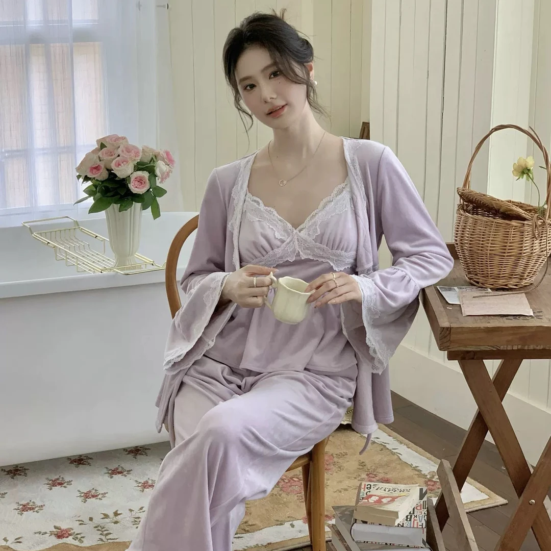 赵露思同款海岛绒睡衣保暖加厚法式性感吊带性感三件套家居服套装