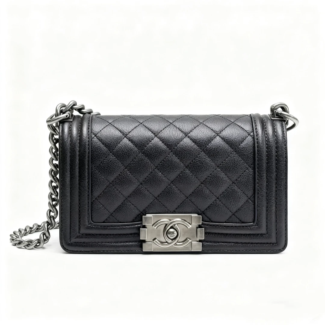 99新 Chanel/香奈儿 艾瑟尔奢品/黑银小号leboy荔枝皮单肩包