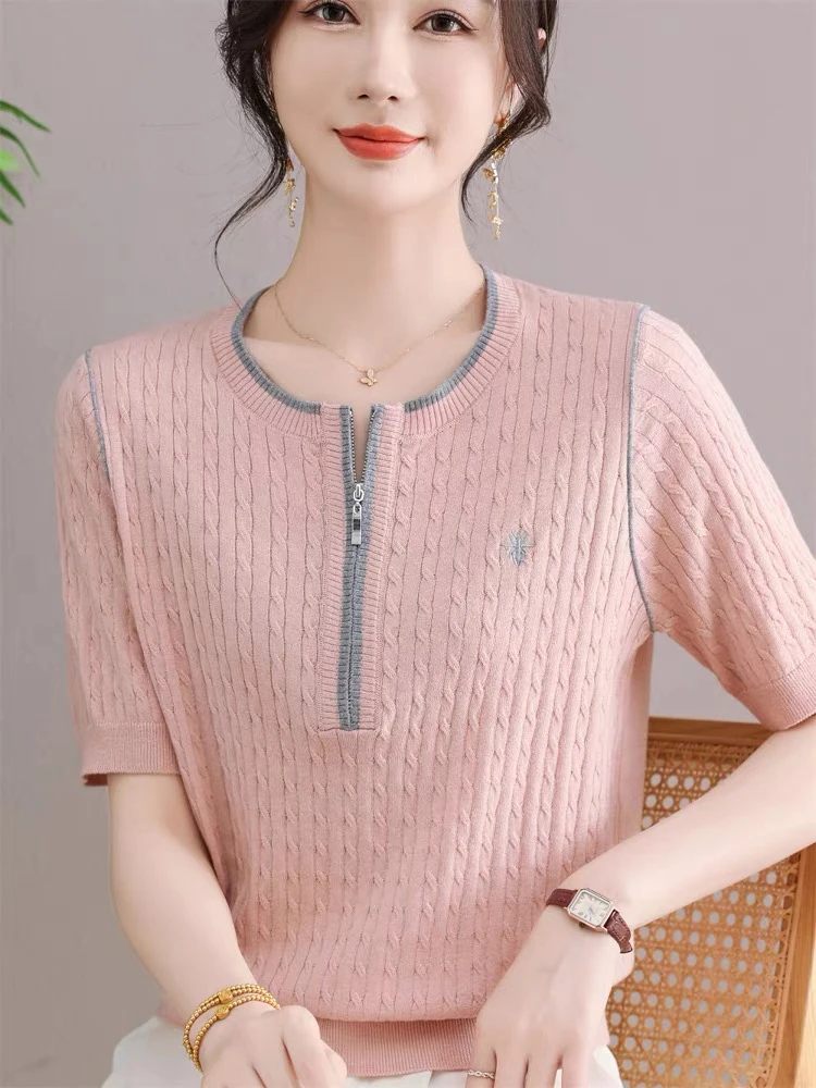 朱朱家 简约大气半拉链细羊绞花短袖0026