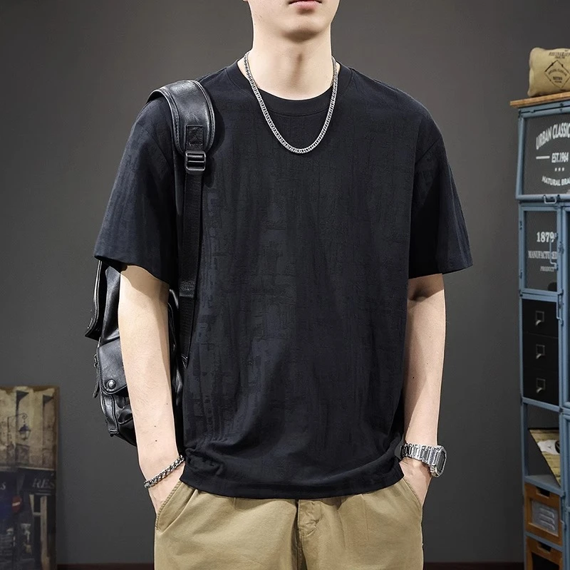 夏季薄款冰丝提花短袖T恤男新款休闲宽松大码半袖ins潮牌圆领体恤