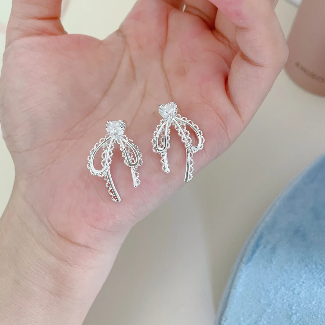 铜合金耳饰 Q091 S925银针蕾丝蝴蝶结爱心法式时尚气质超仙耳饰