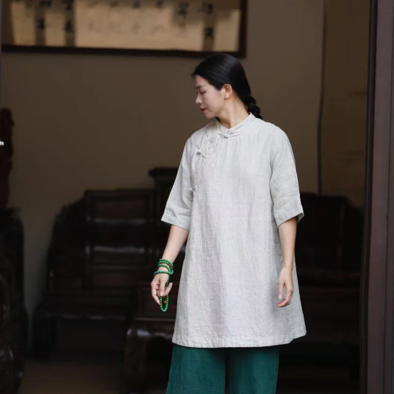 如素慢衣亚麻 中长款斜襟中式上衣36373