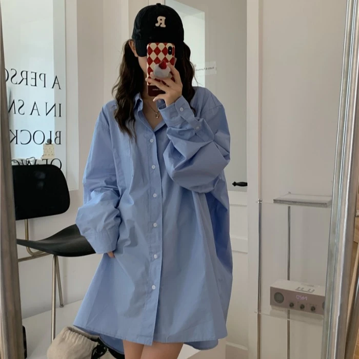 春季新款韩版大码中长款宽松百搭BF慵懒风蓝色长袖衬衫女衬衣裙潮