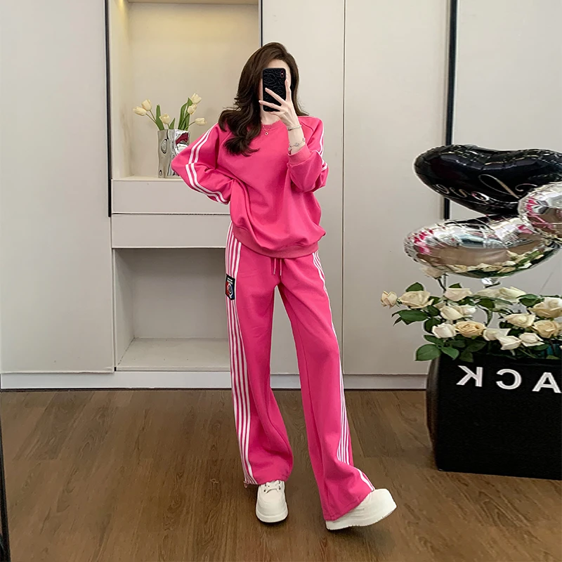 网红洋气炸街玫红色休闲运动套装女秋冬韩版松弛慵懒贵气条纹卫衣