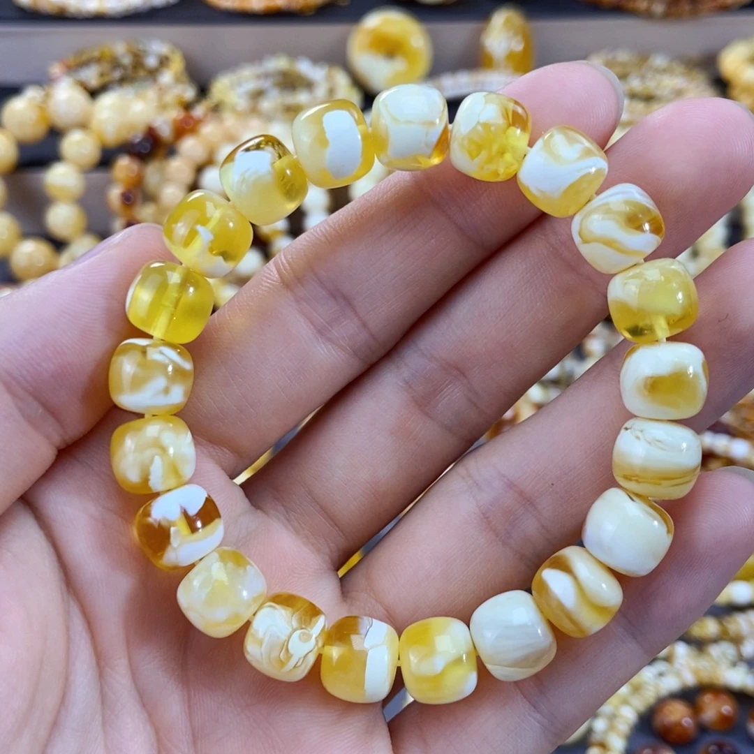 琥珀未镶嵌手链10+mm尺寸金漆白溶洞