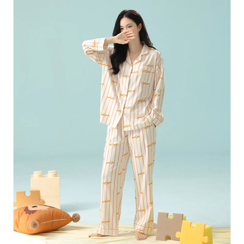 MEUNDO春季新品睡衣女套装小狐狸印花竖条纹可爱休闲新疆棉家居服