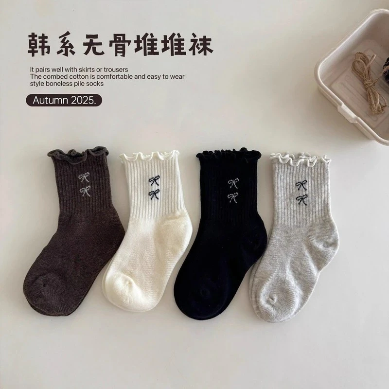 日系花边女孩蝴蝶结宝宝中筒堆堆儿童木耳边春秋百搭女童袜子公主