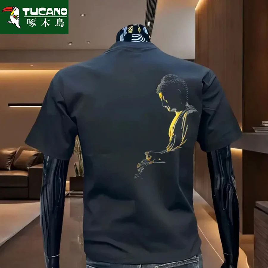 啄木鸟男重磅短袖圆领宽松休闲潮流百搭半袖夏季美式时尚印花T恤